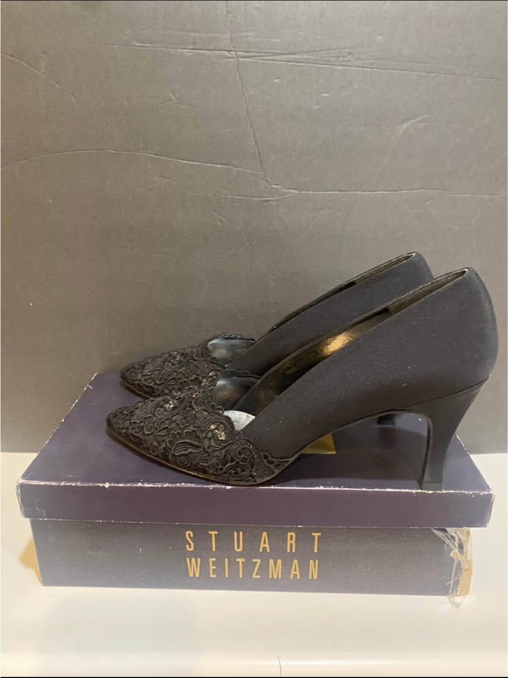 Vintage 90s Stuart Weitzman Black Lace and rhinestone Pumps